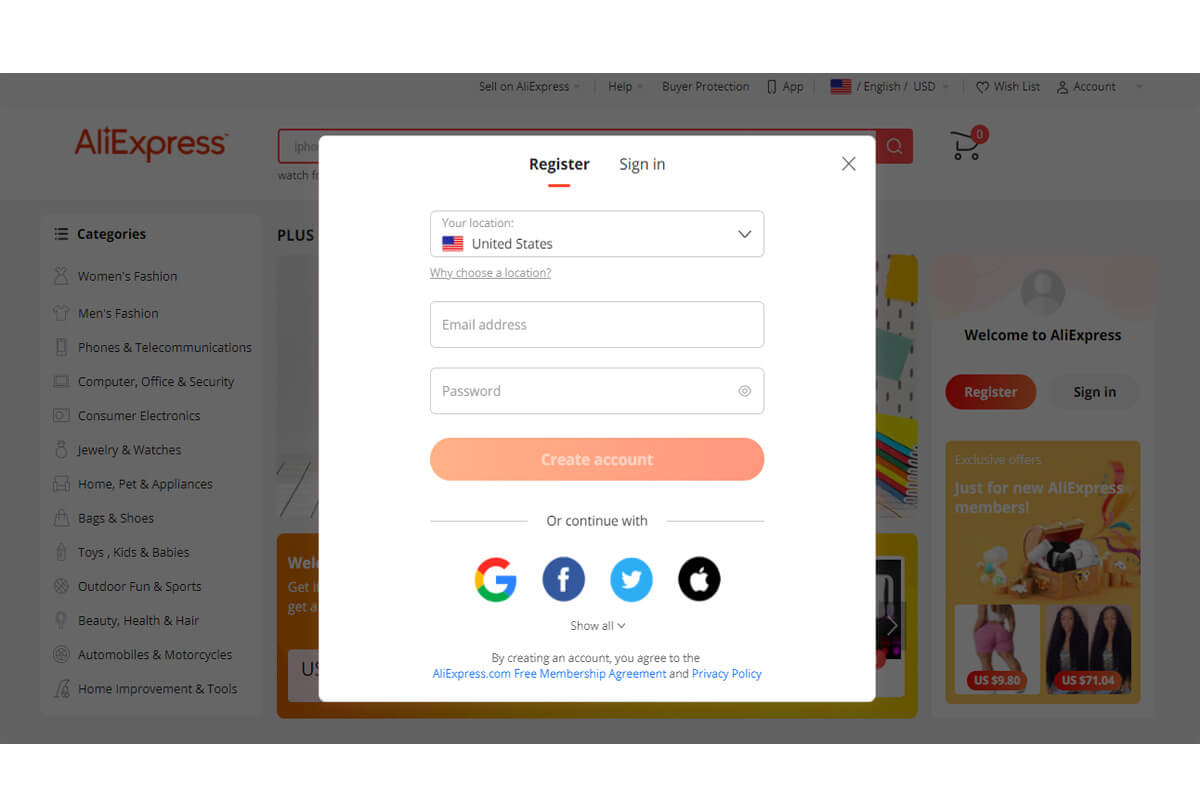 Inserisci il tuo indirizzo e-mail e la password per creare un account Aliexpress