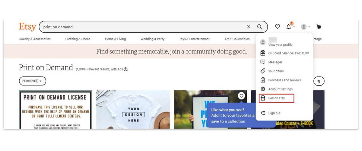 Klicken Sie in Ihrem Konto auf „Auf Etsy verkaufen“.