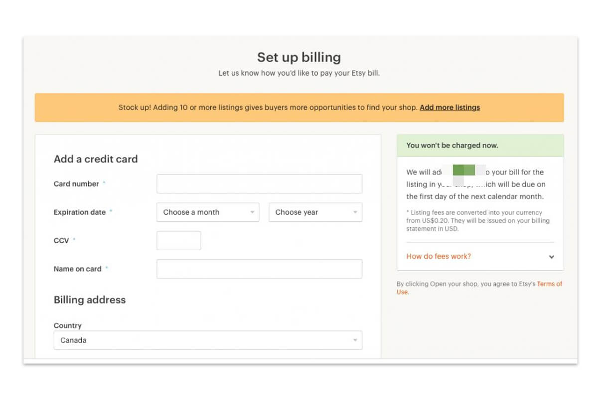 Fill in information about how to pay your Etsy bill