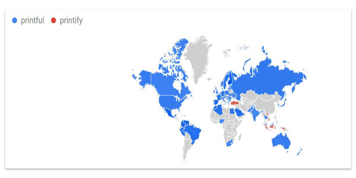 Compare Printful com Printify no mapa