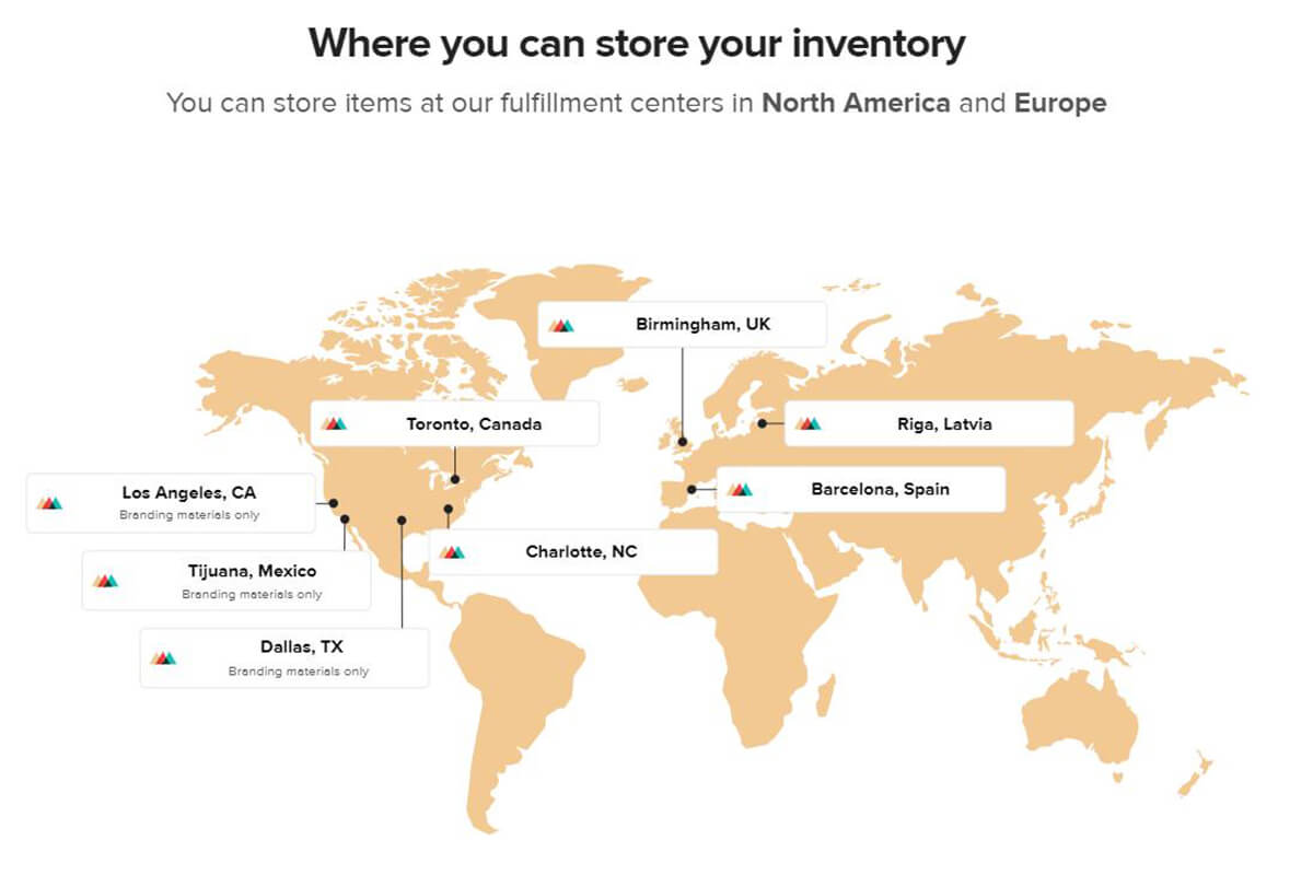 Mapa de centros de distribuição Printful