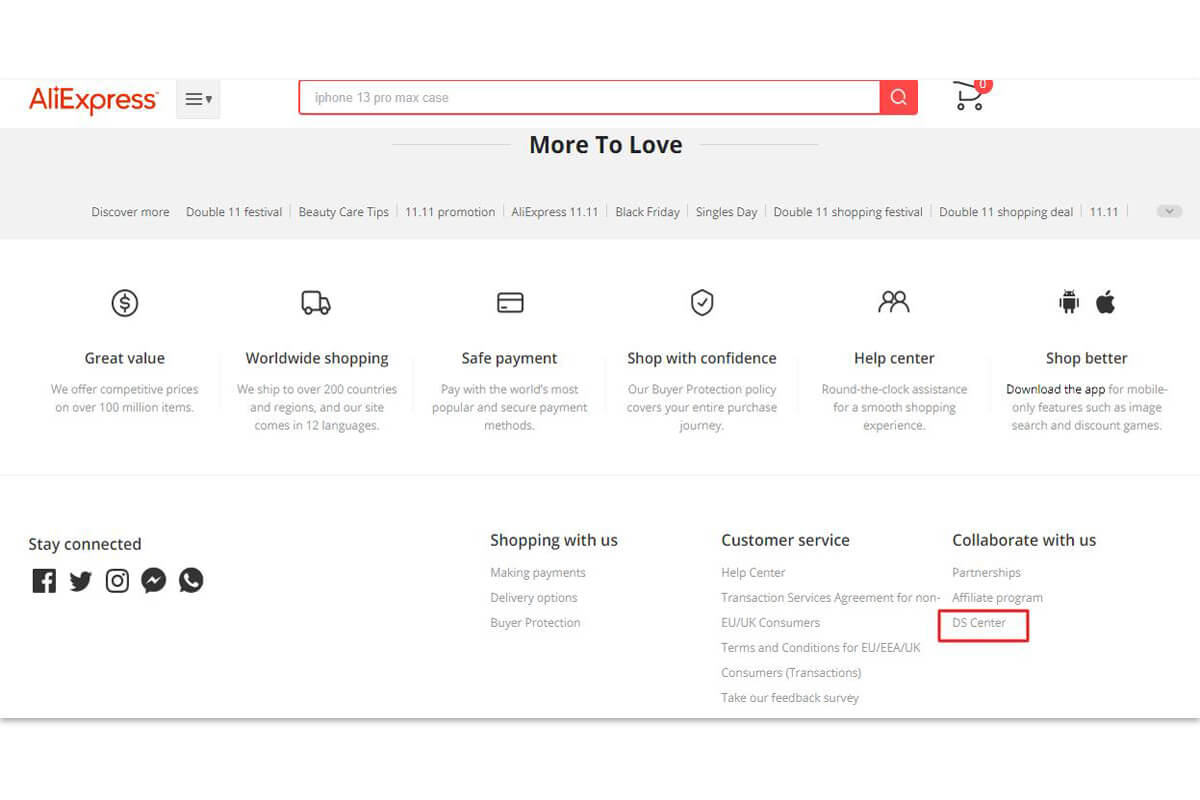 DS Center in der Fußzeile der Aliexpress-Homepage