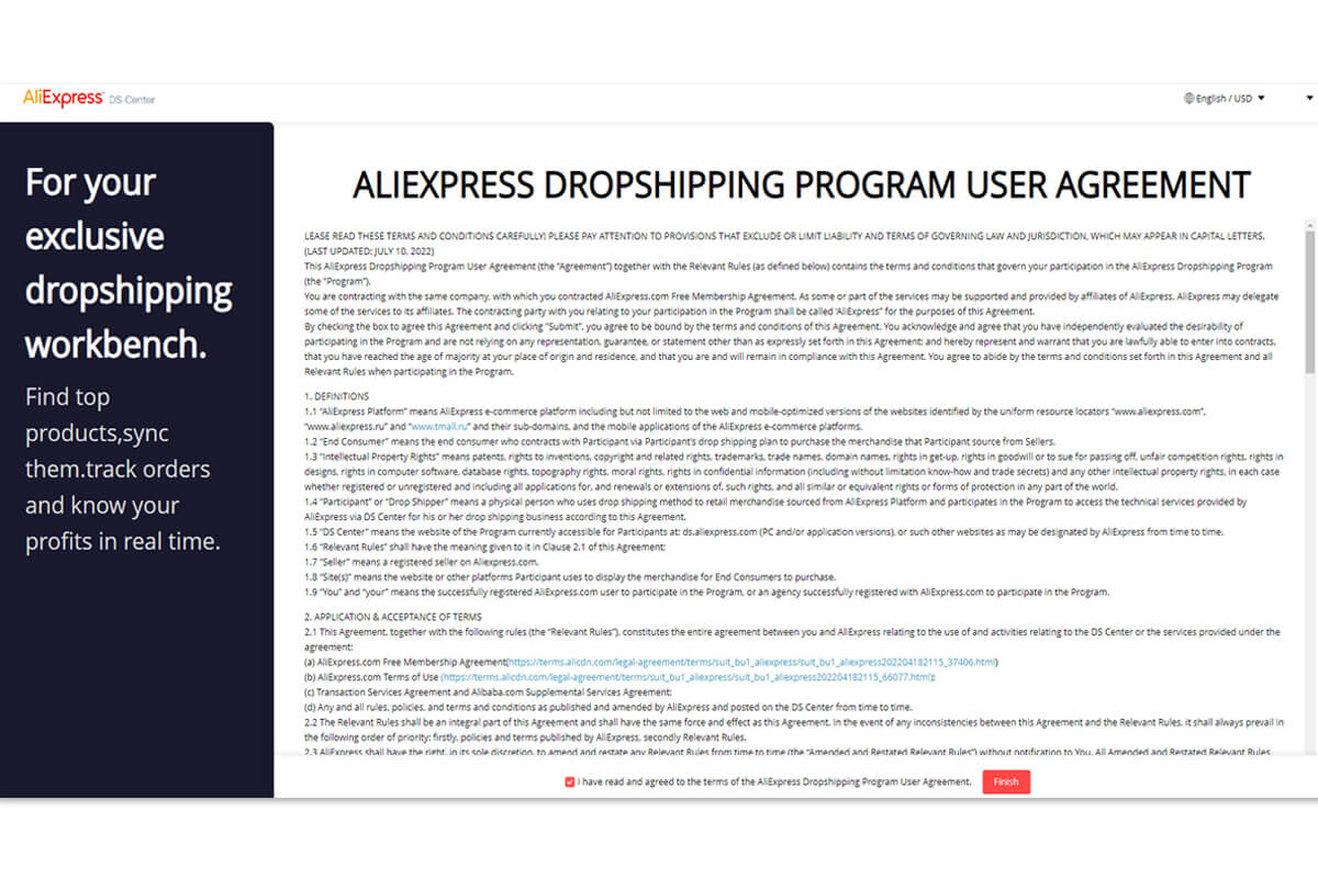 Contrato de usuário do programa Aliexpress Dropshipping 