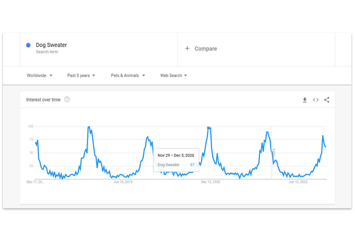 the popularity of dog sweaters on Google Trends