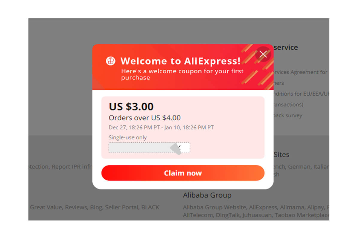 A coupon for the first purchase on Aliexpress