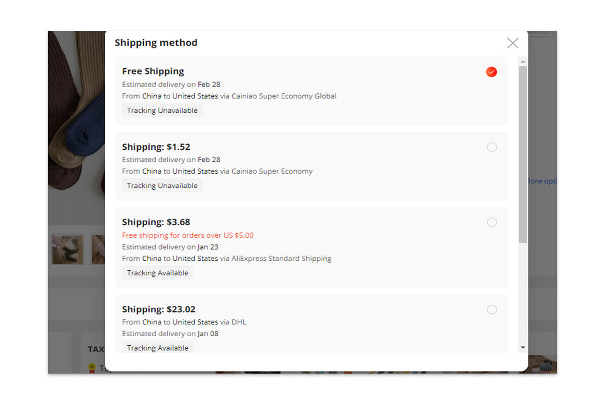 Free and low-priced shipping methods on Aliexpress