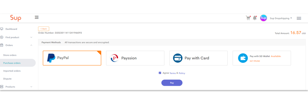 Payment methods on Sup Dropshipping