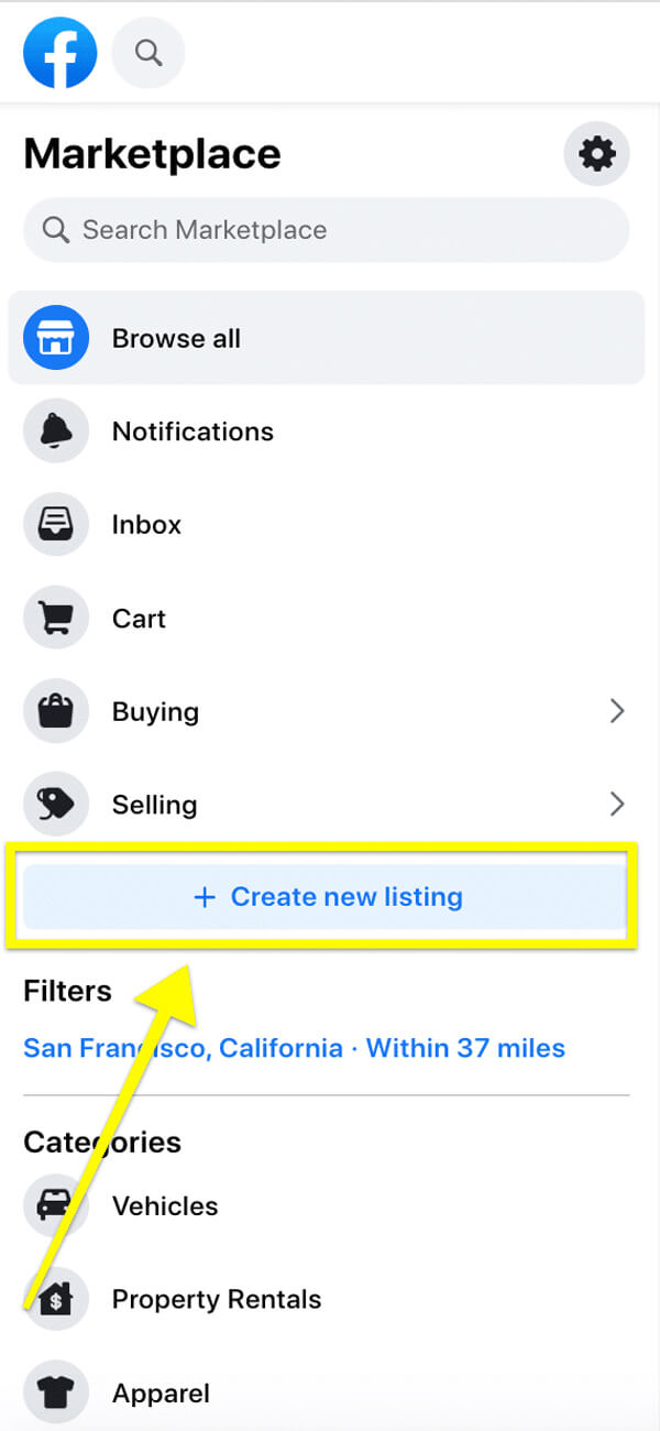 Click on the "Create the new listing” button