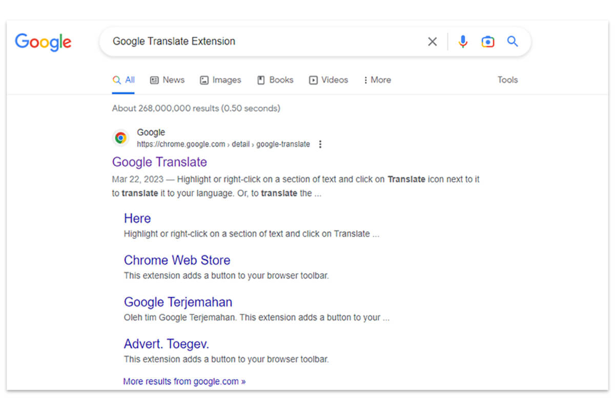 Recherchez "Google Translate Extension" dans votre Chrome