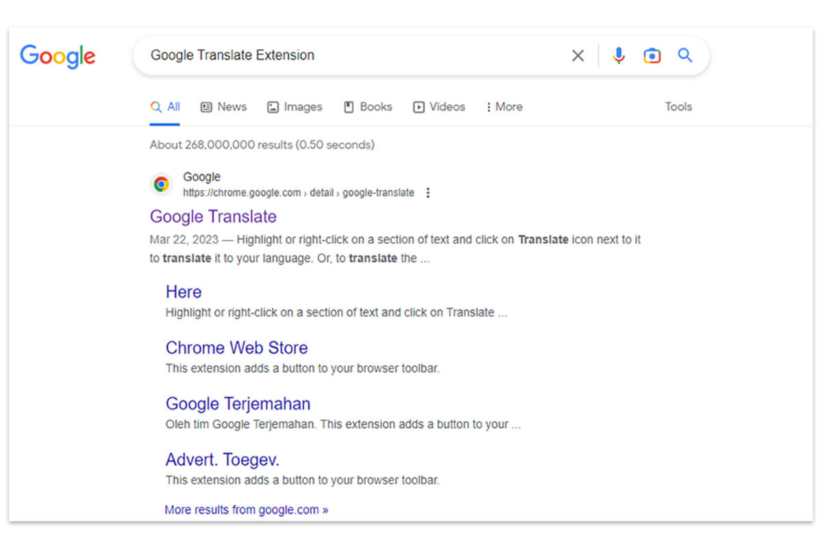 Chrome で「Google 翻訳拡張機能」を検索します。