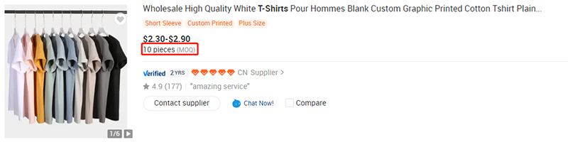 Este tipo de camisetas de Alibaba tiene un MOQ de 10 piezas.