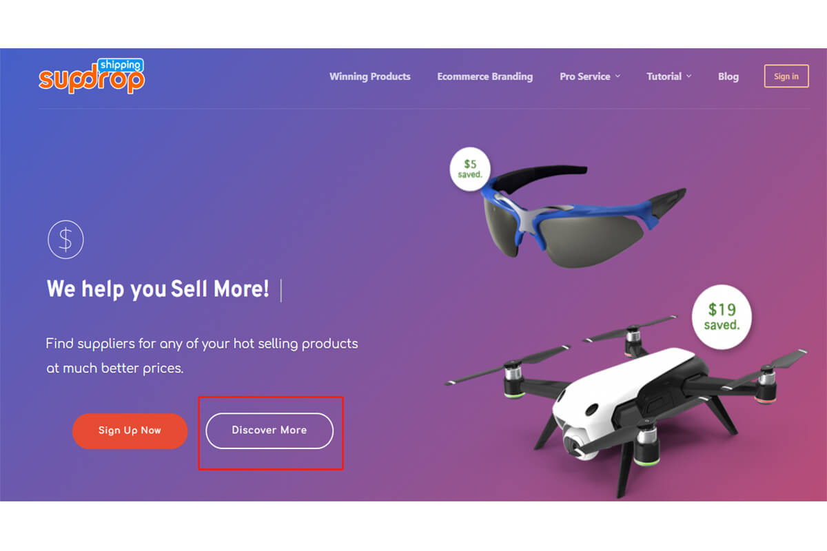 Fare clic sul pulsante Scopri di più nella home page di Sup Dropshipping