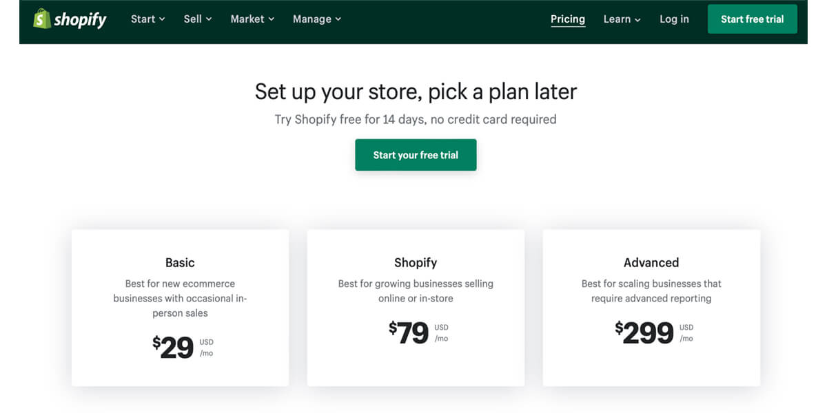 Planos de preços da Shopify