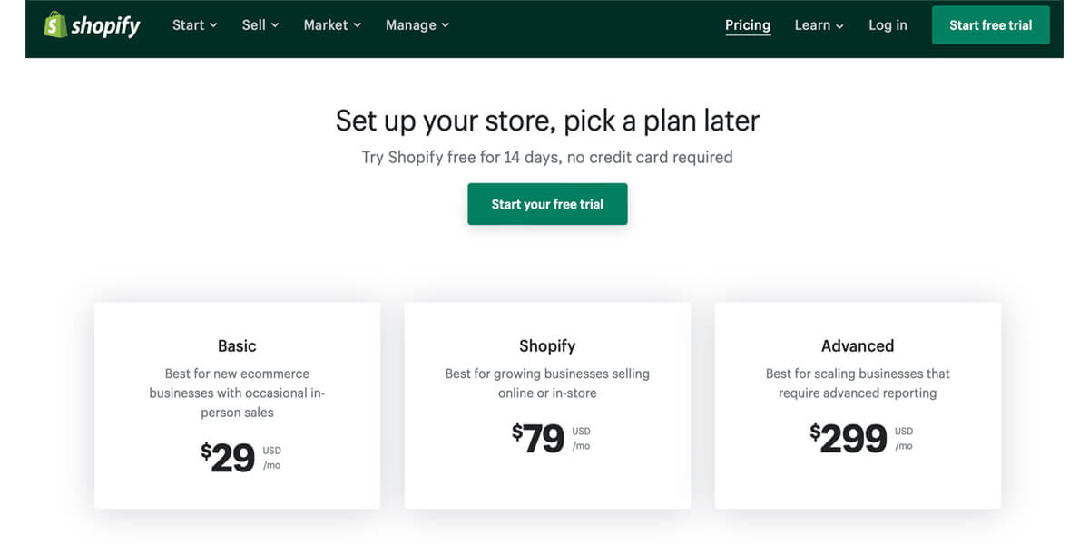 Shopify fiyatlandırma planları