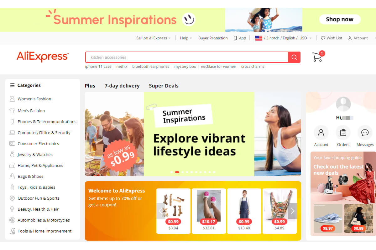 Home page di Aliexpress