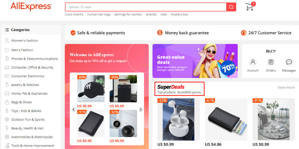 Clique em Super Ofertas na página inicial do Aliexpress