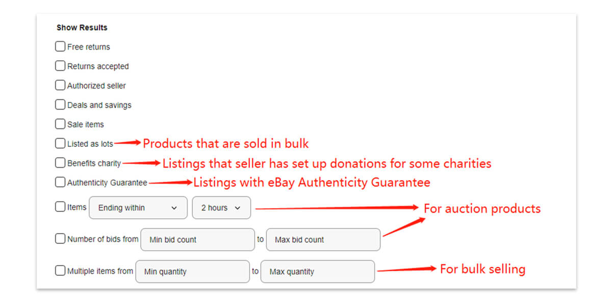 the Show Results filter on the eBay Advanced Search page