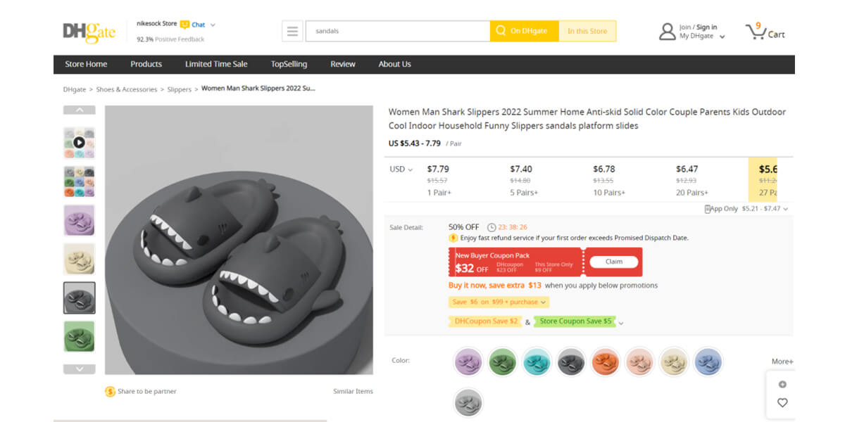 pantoufles de requin d'un vendeur DHgate