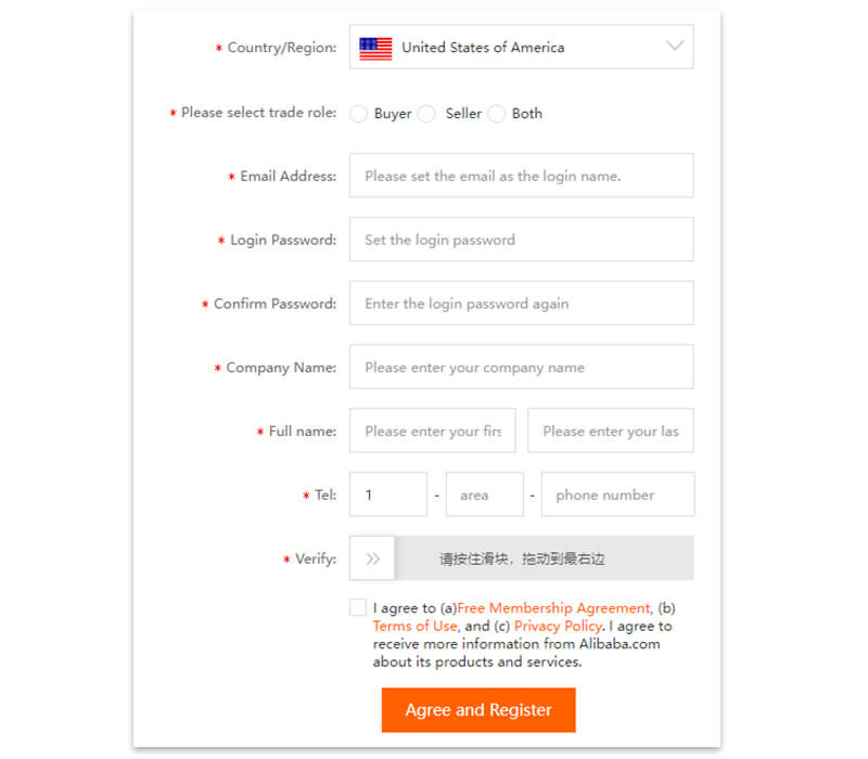 Registre uma conta no Alibaba