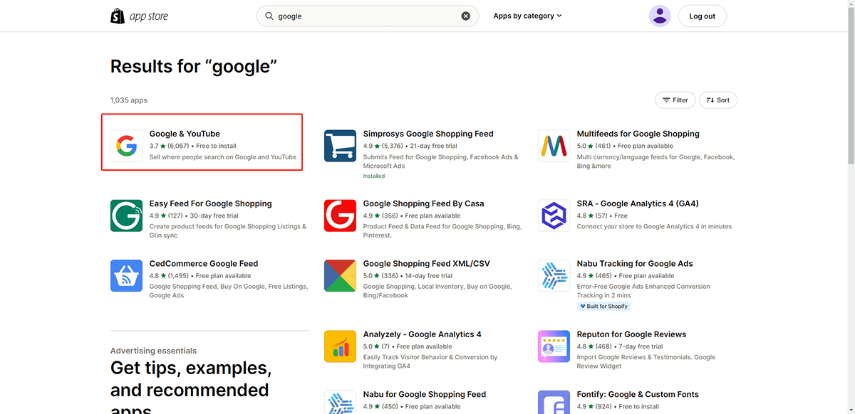 ابحث عن تطبيق Google وYouTube في متجر تطبيقات Shopify