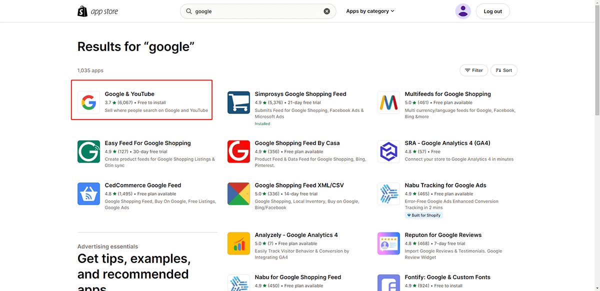 Encuentra la aplicación de Google y YouTube en la tienda de aplicaciones Shopify