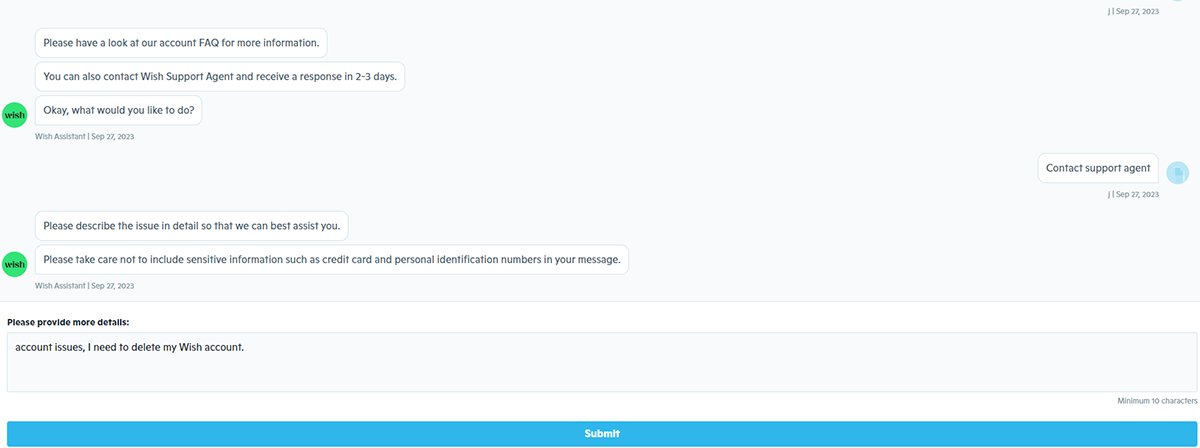 Wish のライブチャットでサポート アシスタントに問い合わせました