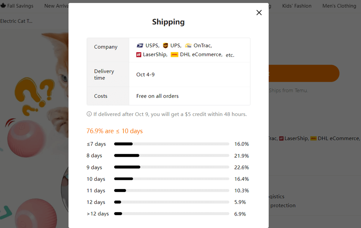 Temu's shipping policy