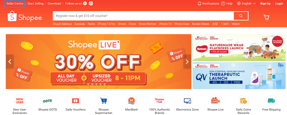  Click "Seller Center" to register an account on Shopee
