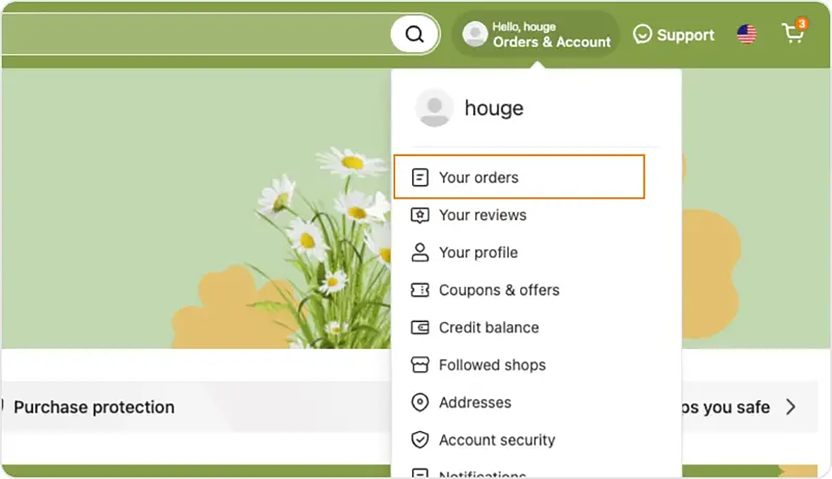 2. Click on the button Your order and select the order you plan to track 