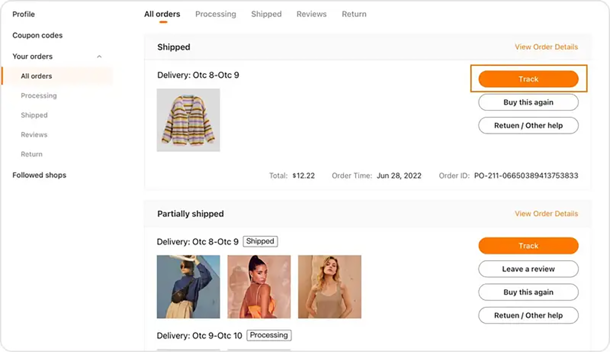 3. Click the Track button and check the shipping status and estimated delivery time.