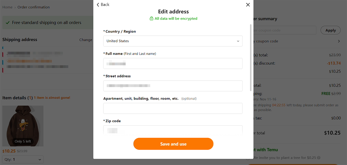 Edite su dirección de envío para verificar si Temu realiza envíos a su ubicación