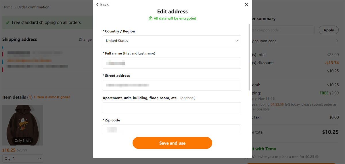 Edit your shipping address to check if Temu ships to your location