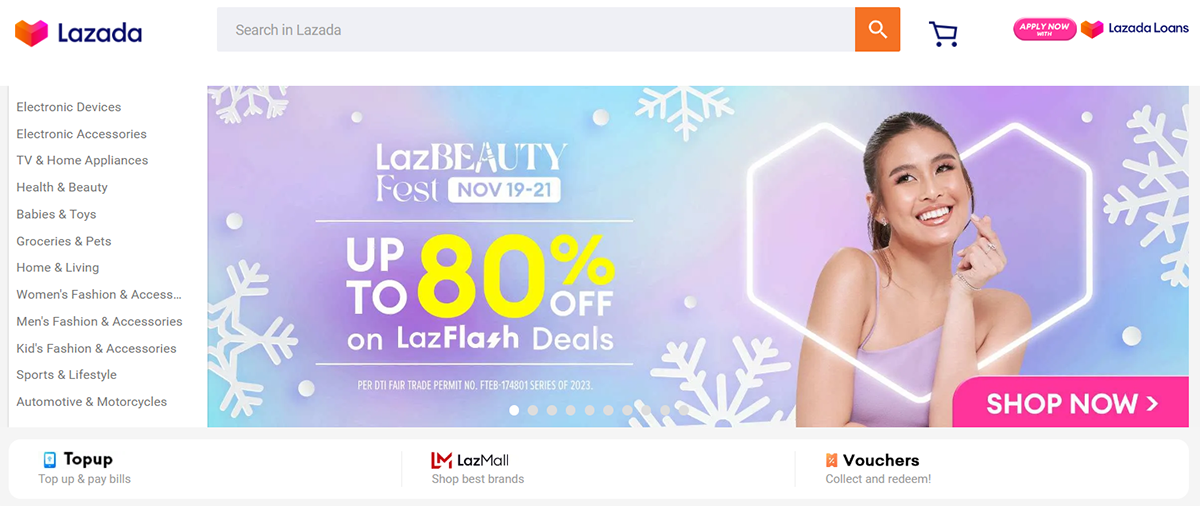 la homepage di Lazada Filippine