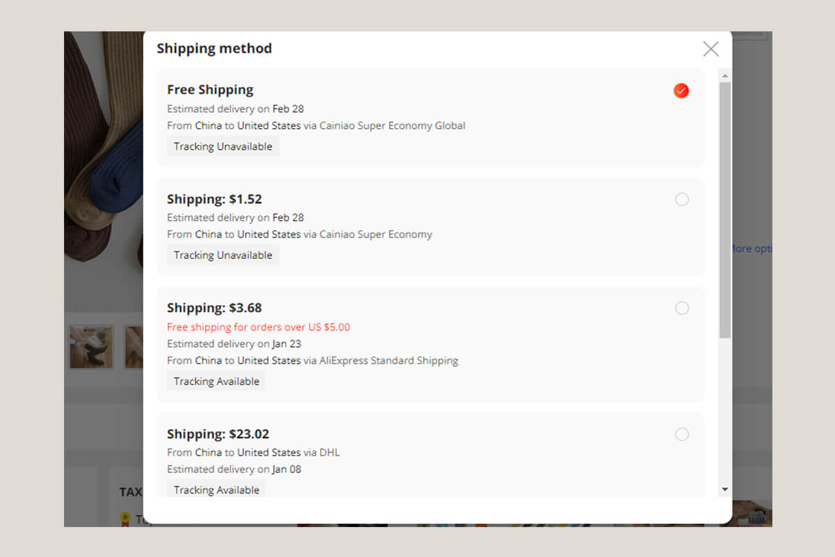 Some shipping methods on Aliexpress