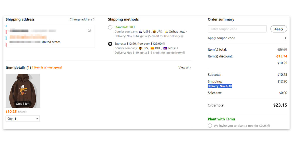 The hoodie I want to buy from Temu will arrive between Nov 6th and Nov 10th for Express shipping