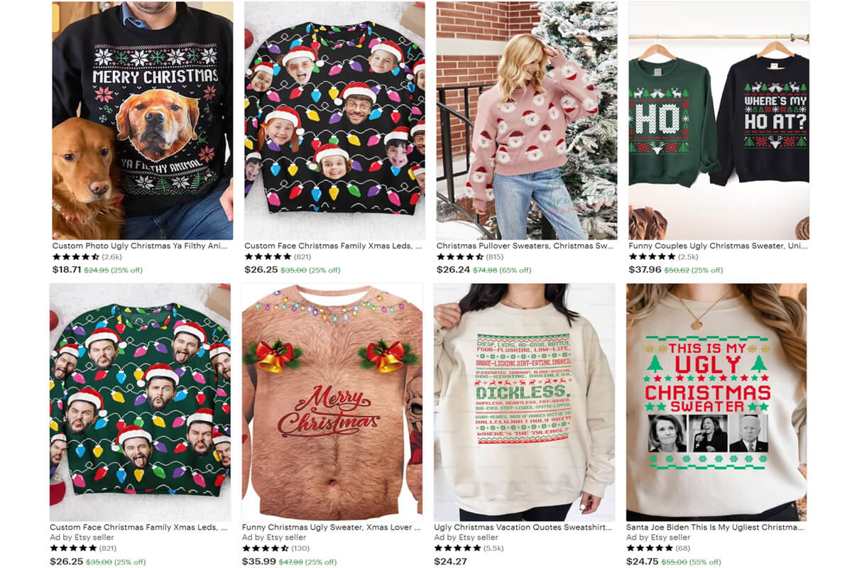 Imprima bajo demanda ideas de diseño de suéteres navideños feos.