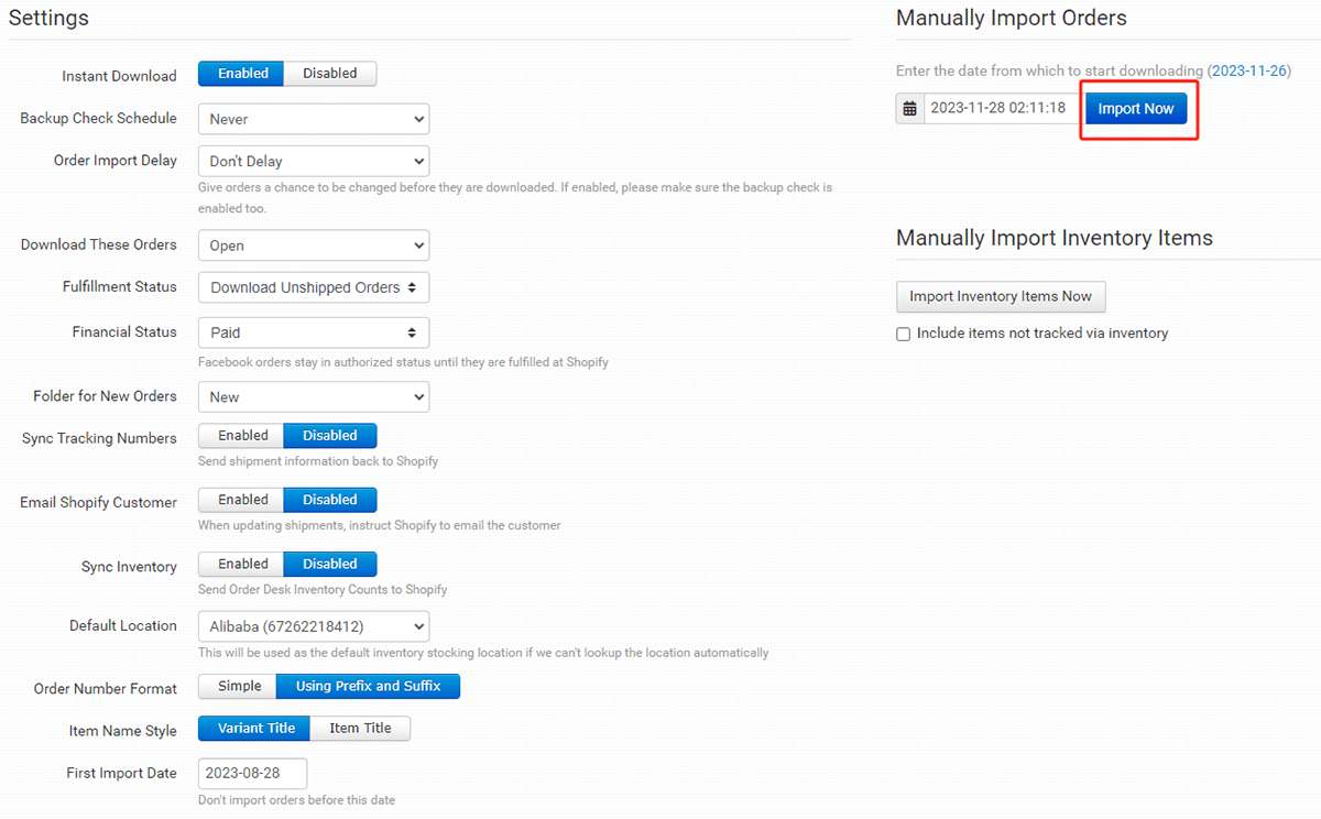 Fai clic su Importa ora per importare gli ordini tramite l'integrazione