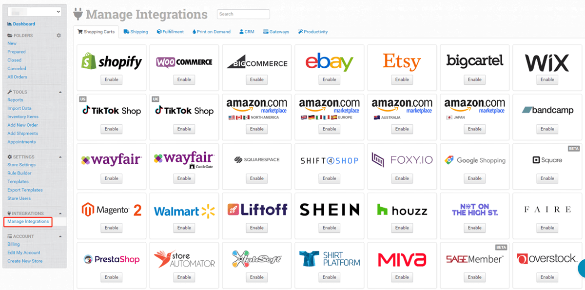 Klicken Sie auf „Integrationen verwalten“ und aktivieren Sie Shopify unter „Warenkörbe“.