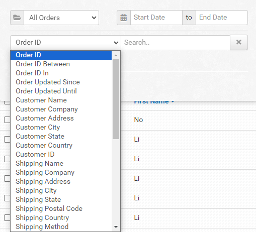 search for an order through various filters