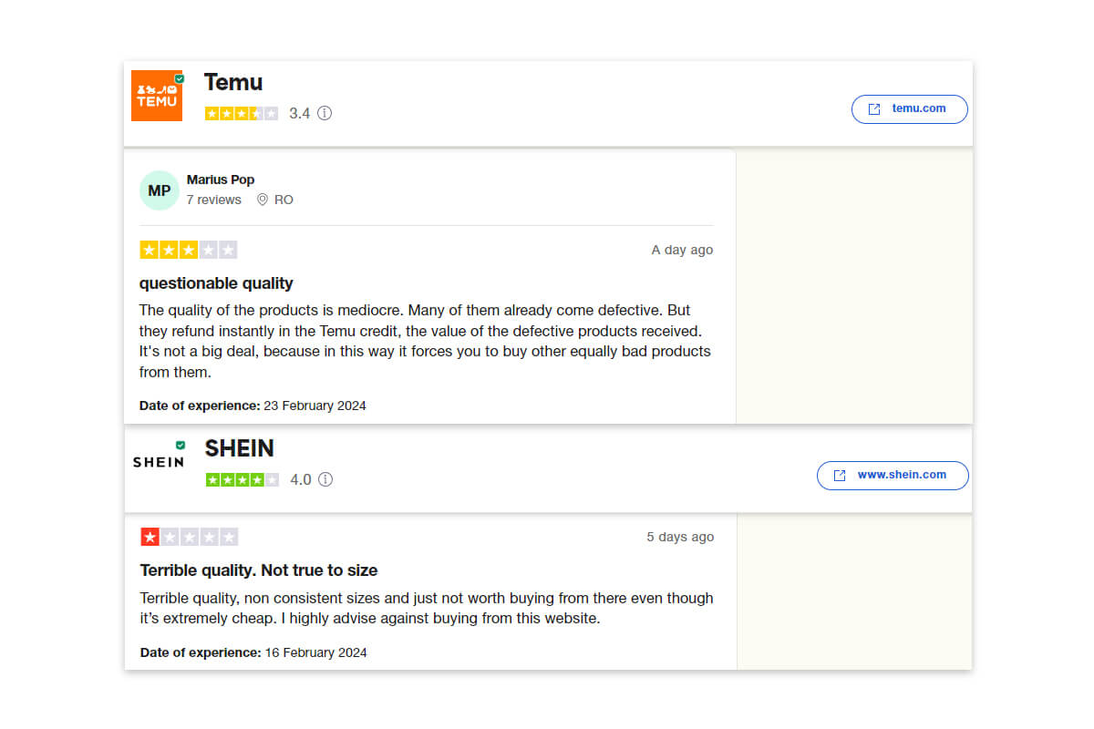 Some customers criticises Temu and Shein's product quality on Trustpilot