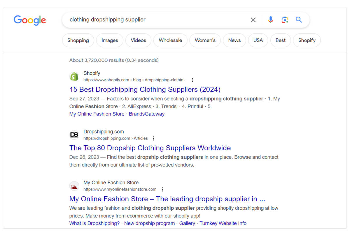 Pesquise fornecedores de dropshipping em seu navegador