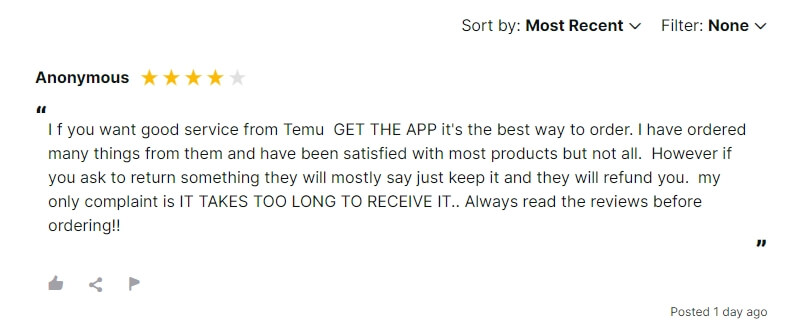 Reviews.io による Temu のレビュー