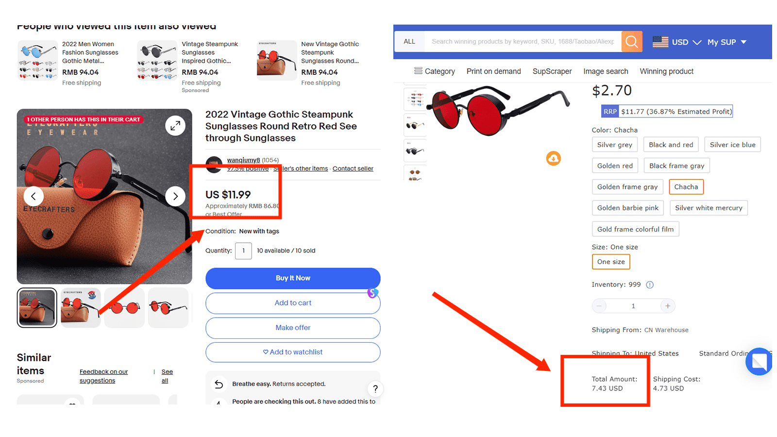 Price comparison of sunglasses