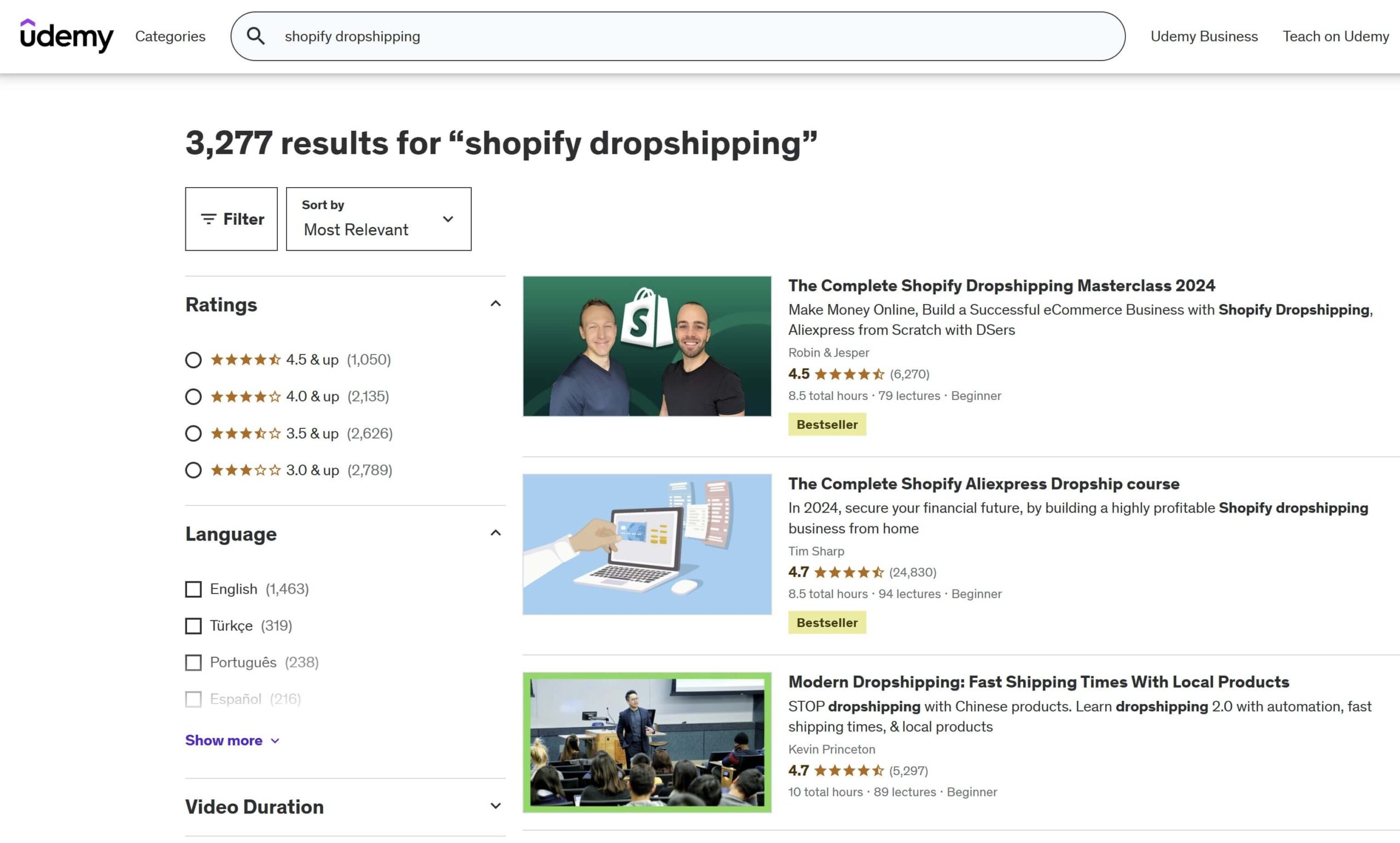 Resultados de pesquisa do Shopify Dropshipping na Udemy