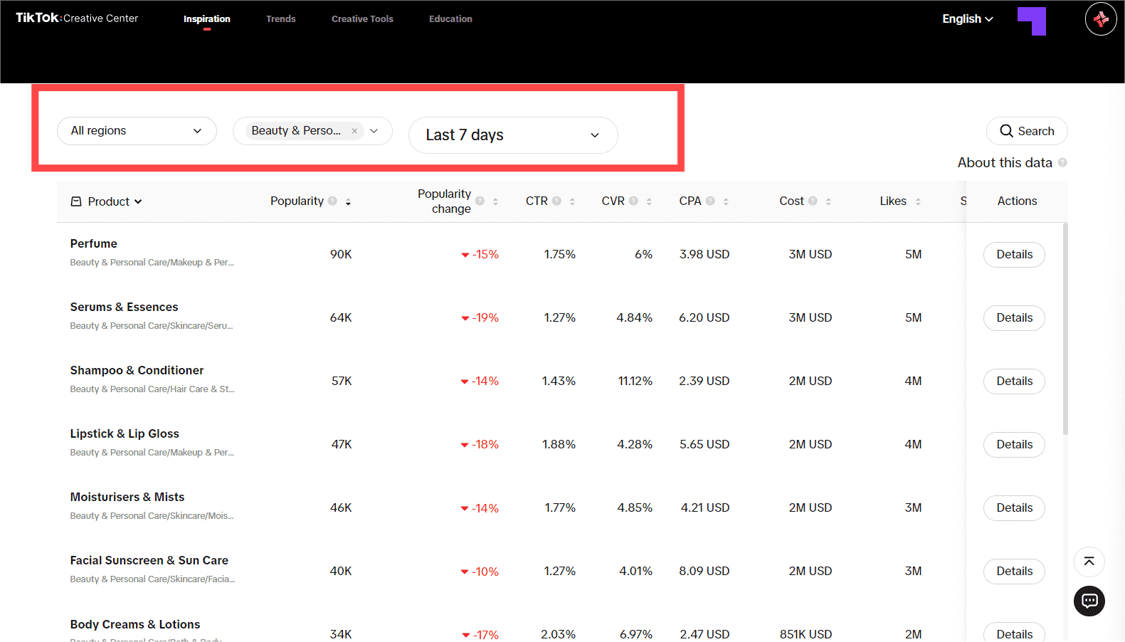 صفحة أفضل المنتجات في مركز الإبداع