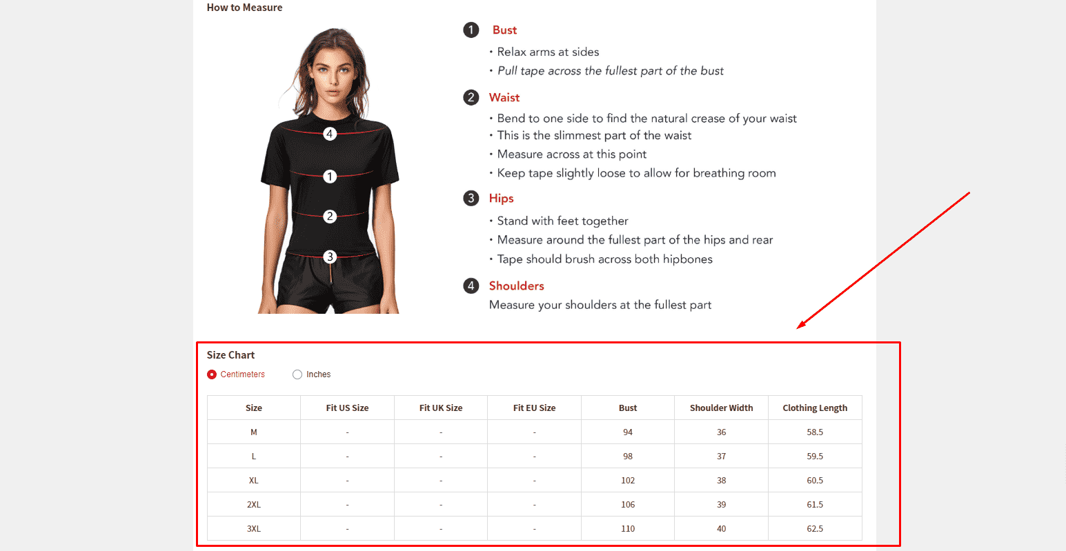 جدول المقاسات