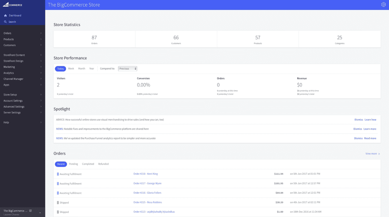 The BigCommerce interface