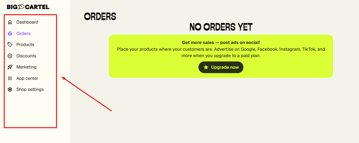 Big Cartel interface