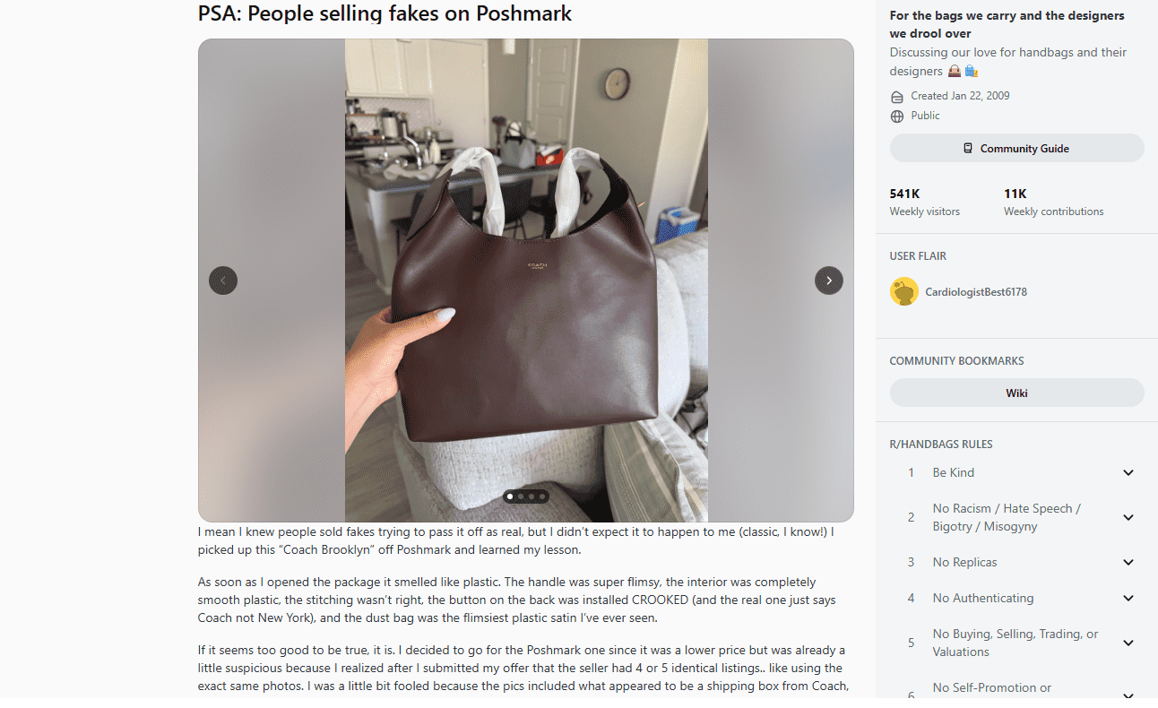 Example of a buyer reporting a counterfeit item on Reddit